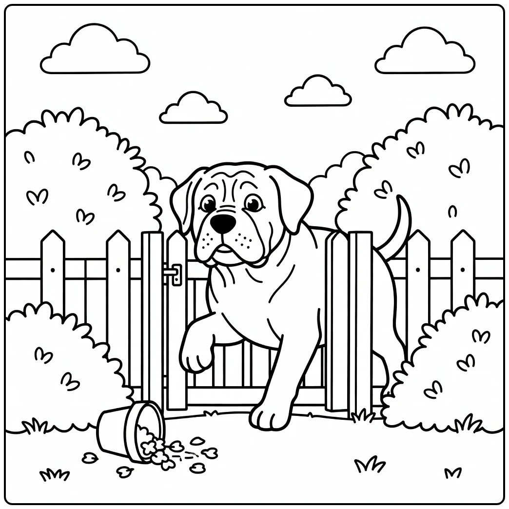 A funny dog stuck in a garden gate on a mastiff coloring page.