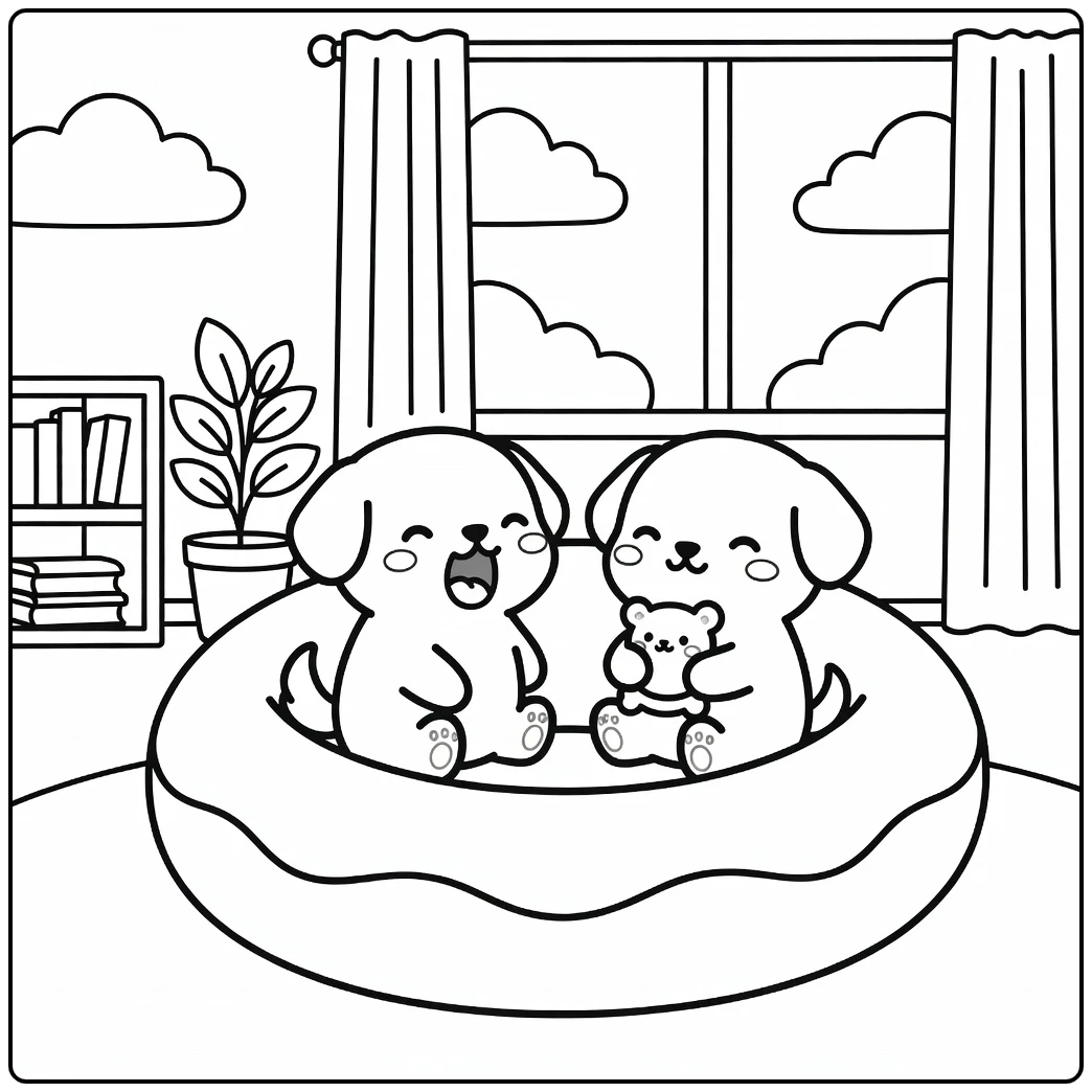 Two cute sleepy puppies on a fun chibi dog coloring page.