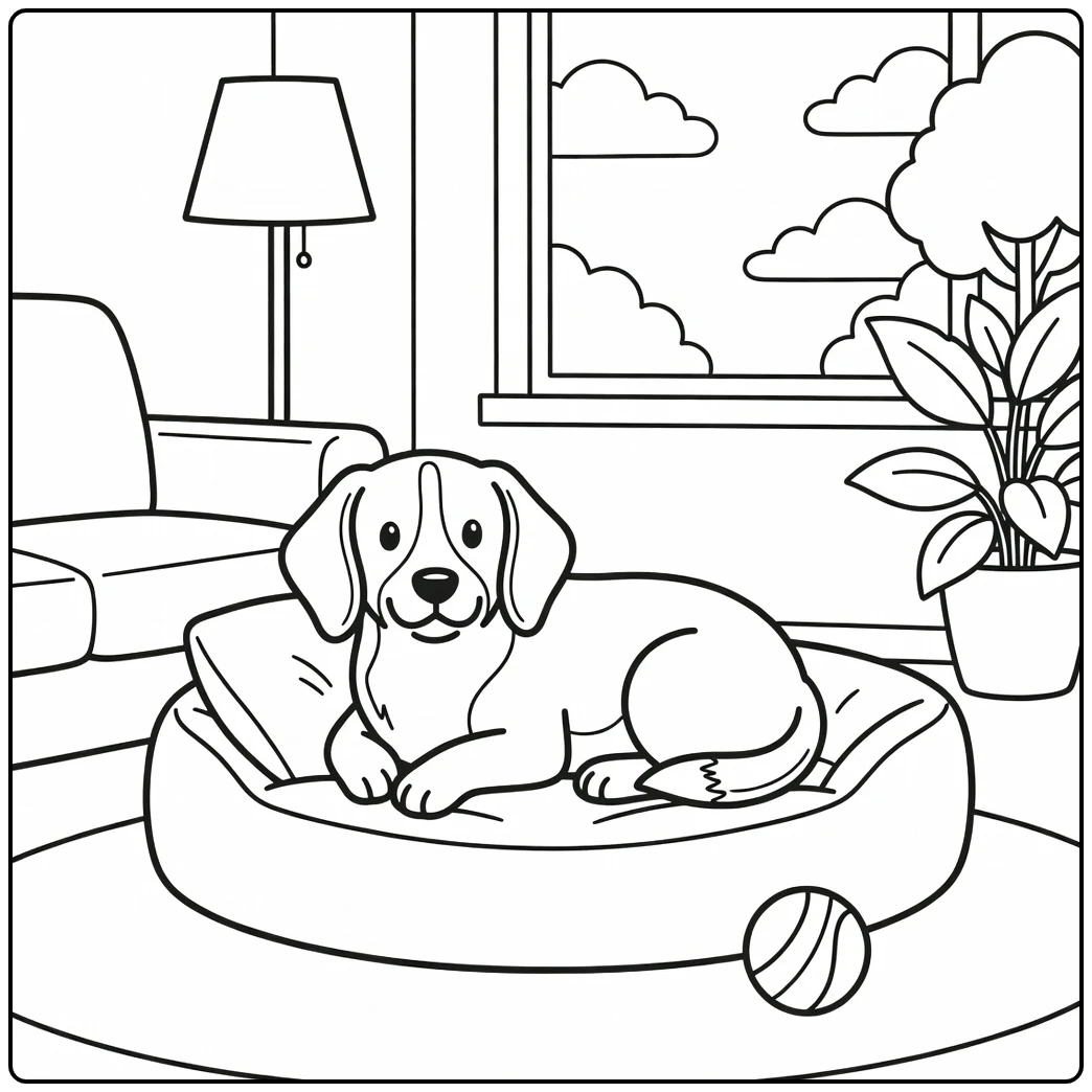 A cute puppy sleeps on its bed in this easy dog coloring page.