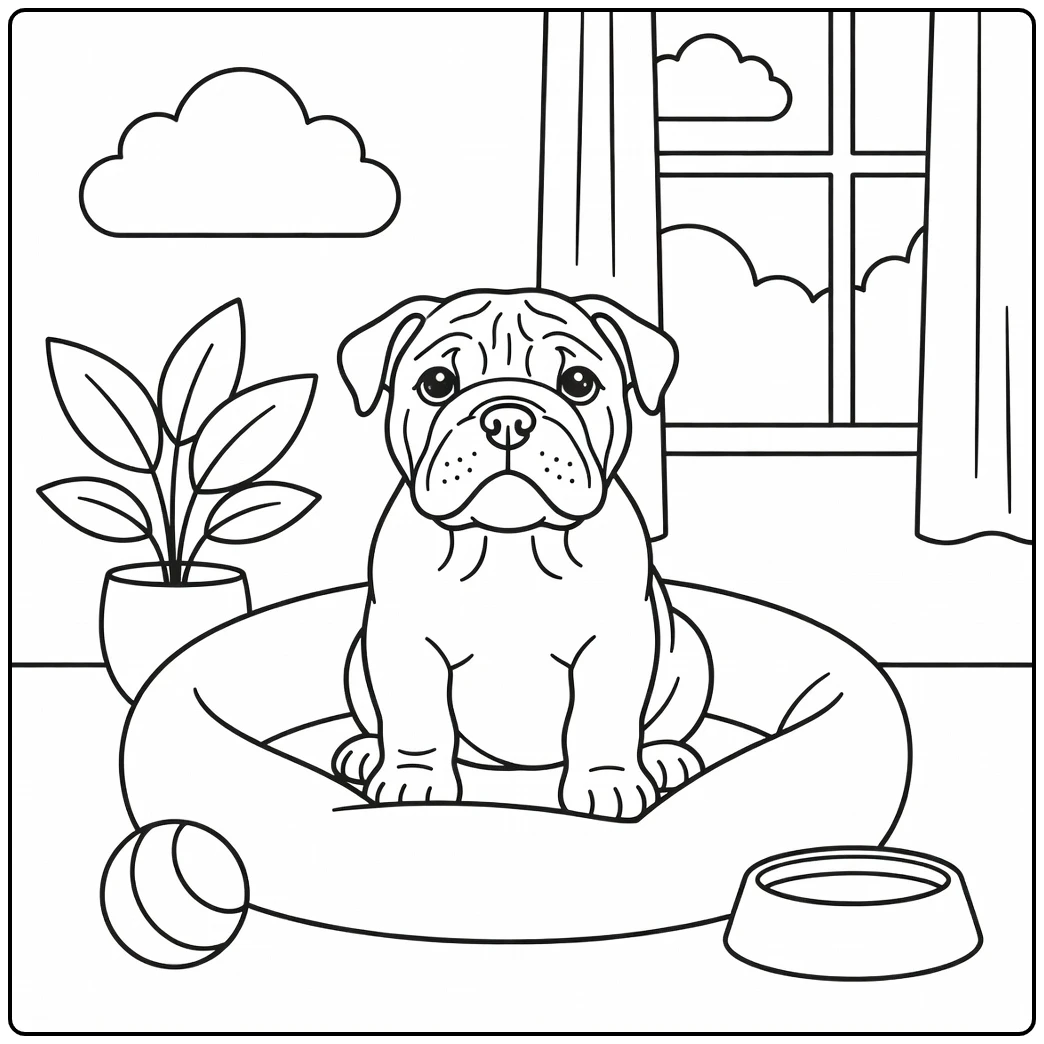 A cute puppy on a soft bed english bulldog coloring page.