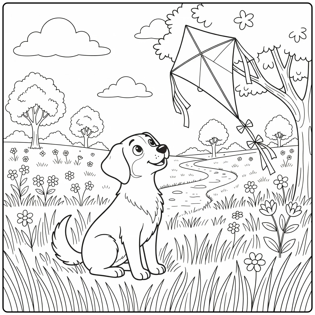 A hopeful pup on an easy dog coloring page watches a kite.