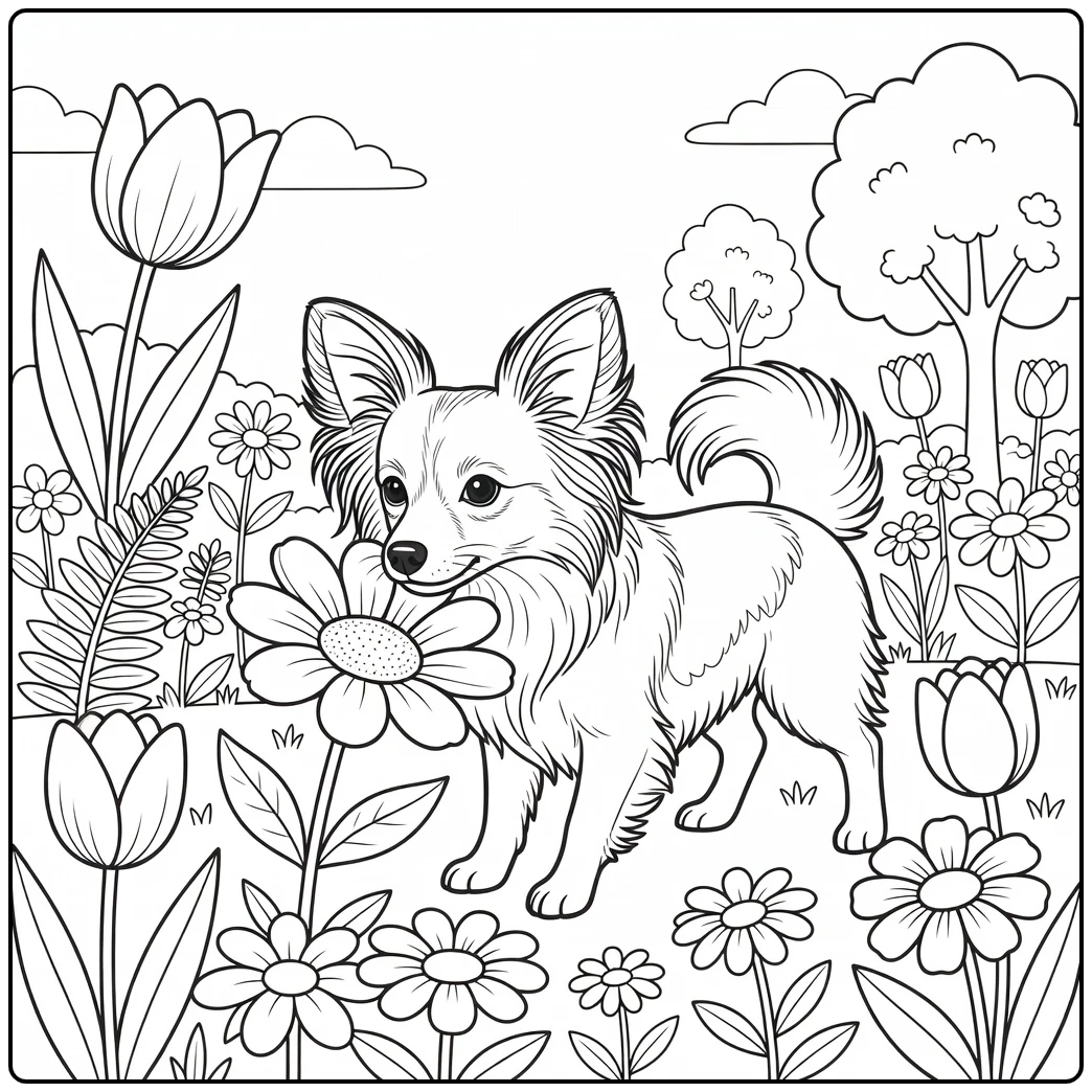 A cute dog on a papillon coloring page sniffing a large flower.