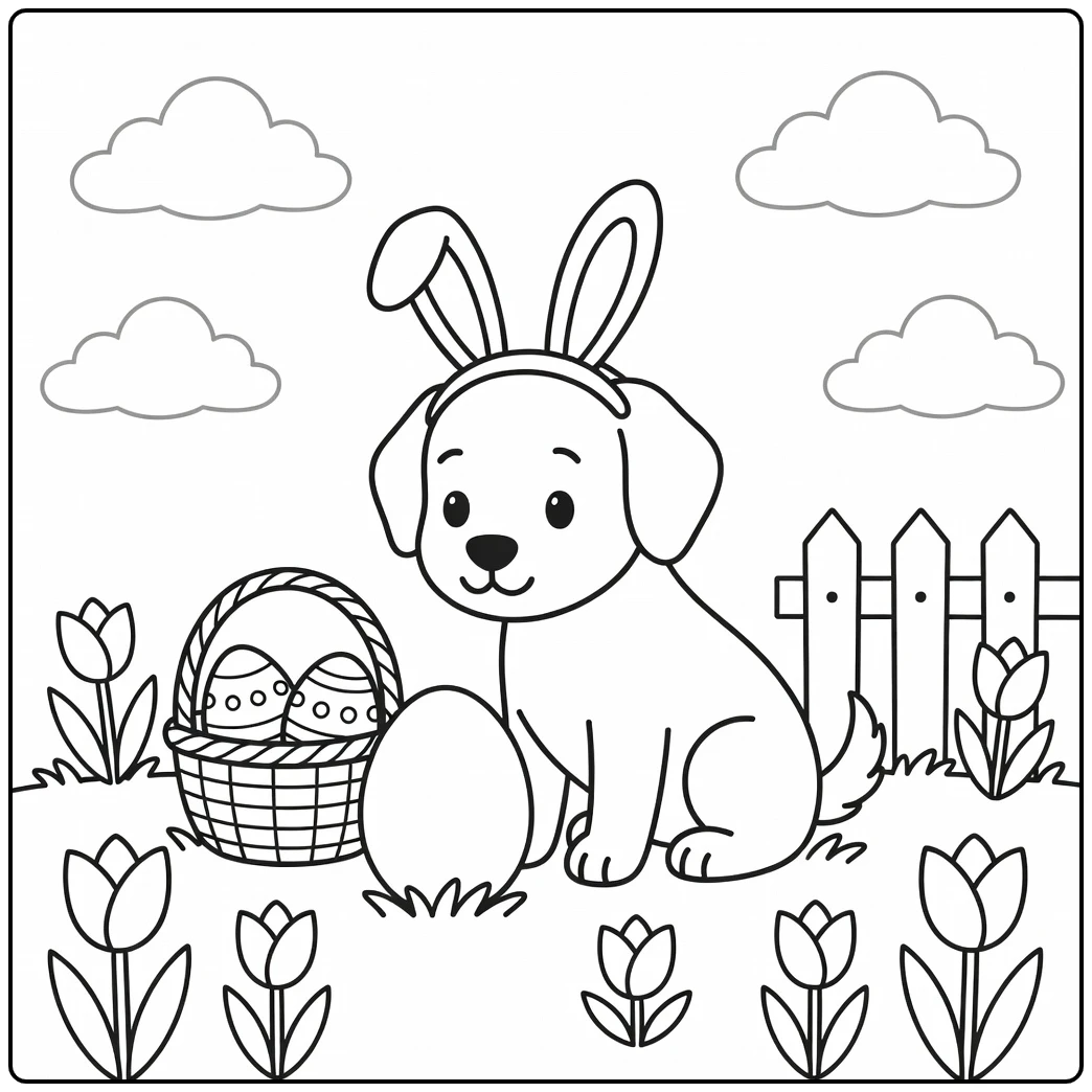A dog with bunny ears sniffing an egg for an easter dog coloring page.