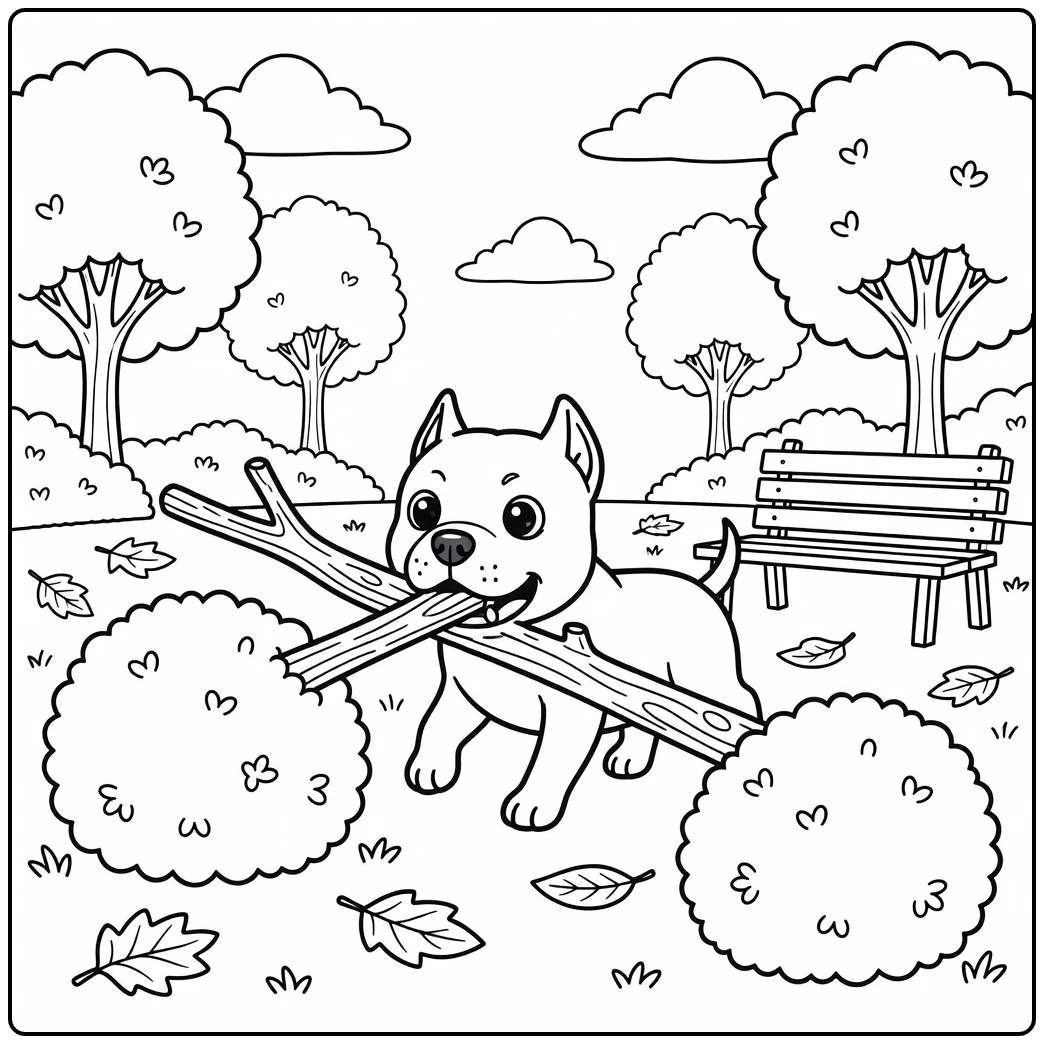 A funny american bully coloring page with a dog's stick stuck.