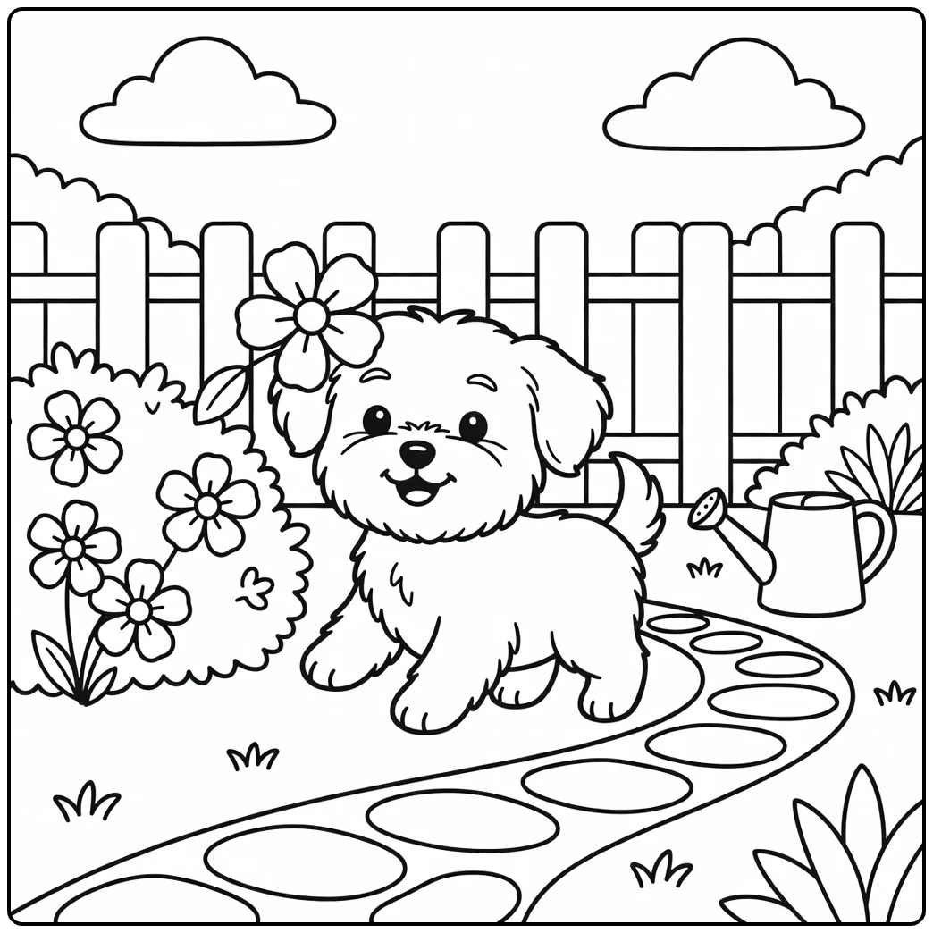 A fluffy puppy with a flower on its ear, a maltese coloring page.