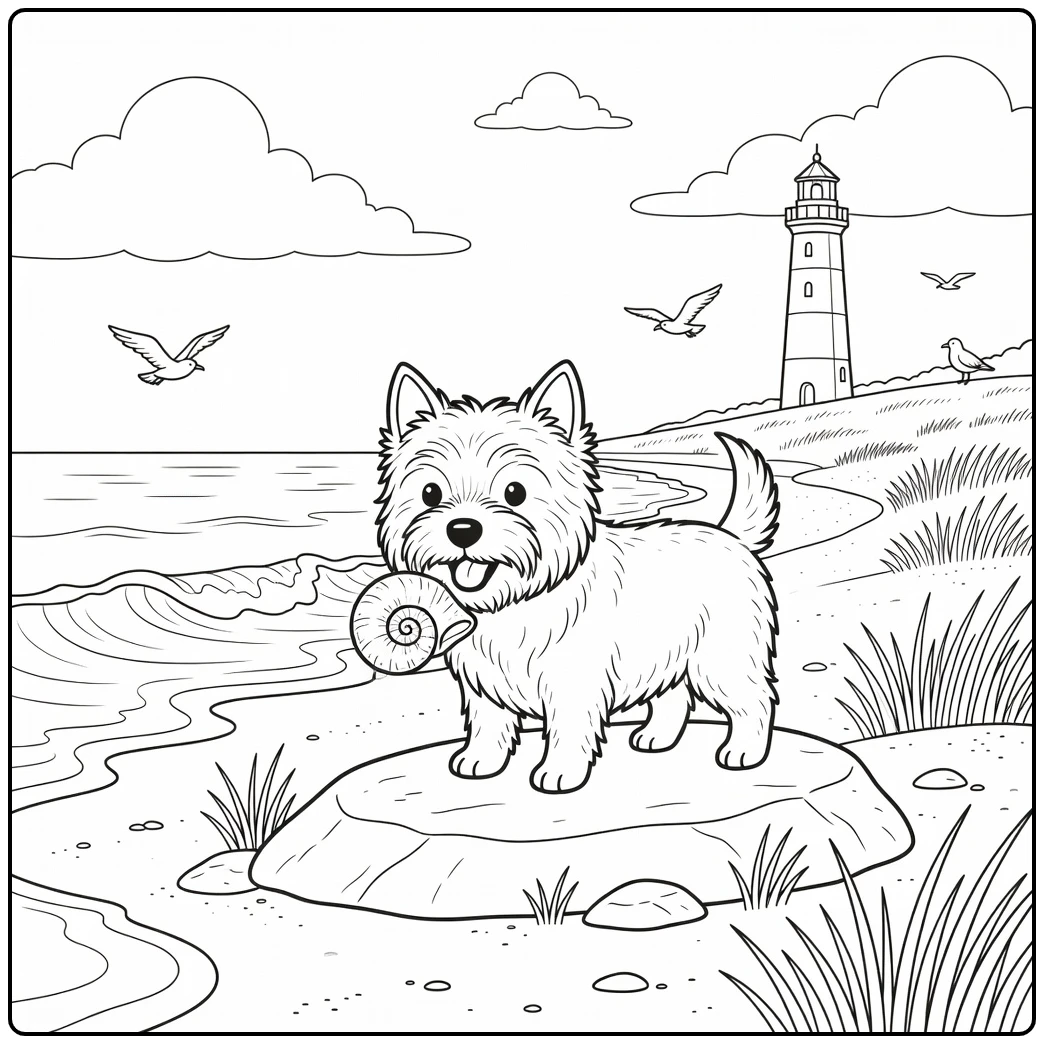 A happy cairn terrier coloring page with a dog on a beach.