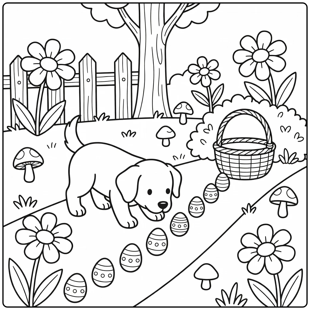 A dog sniffs an egg trail on this cute easter dog coloring page.