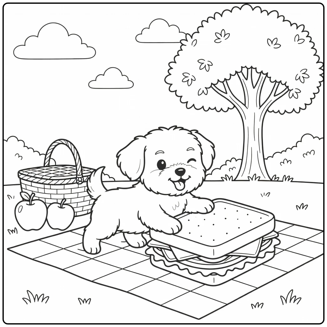 Silly puppy trying to steal a big sandwich, a Maltese coloring page.