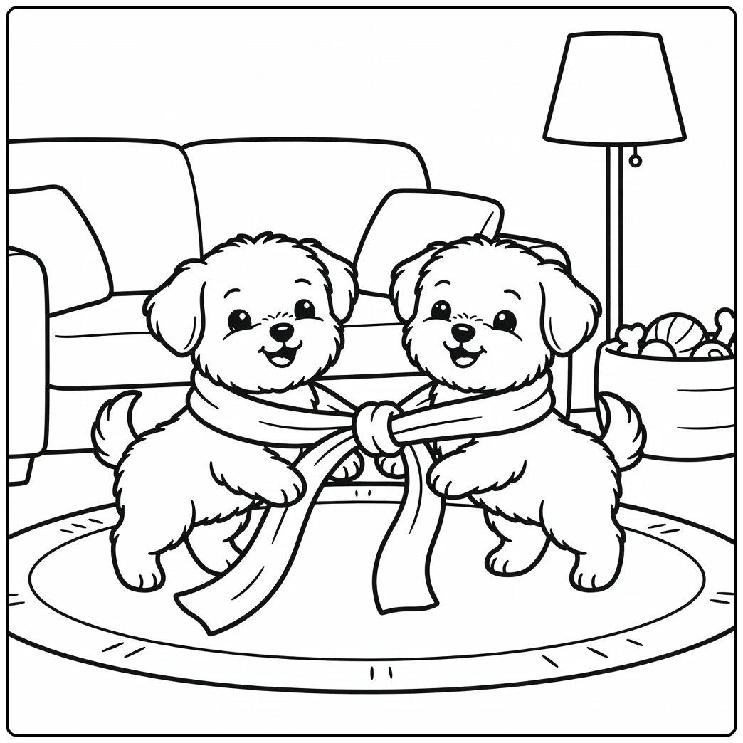 Two playful pups on a maltese coloring page tugging a scarf.