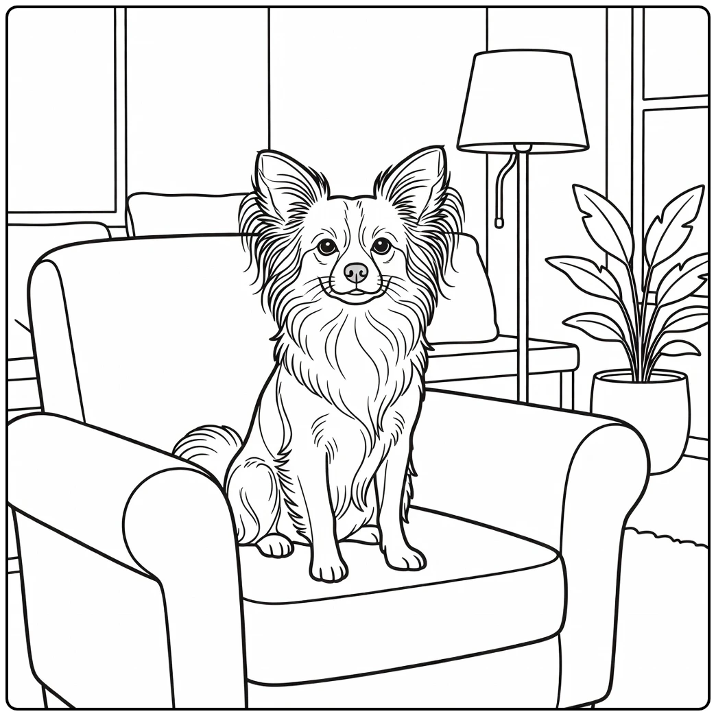 An alert dog sits on a cozy chair in this papillon coloring page.