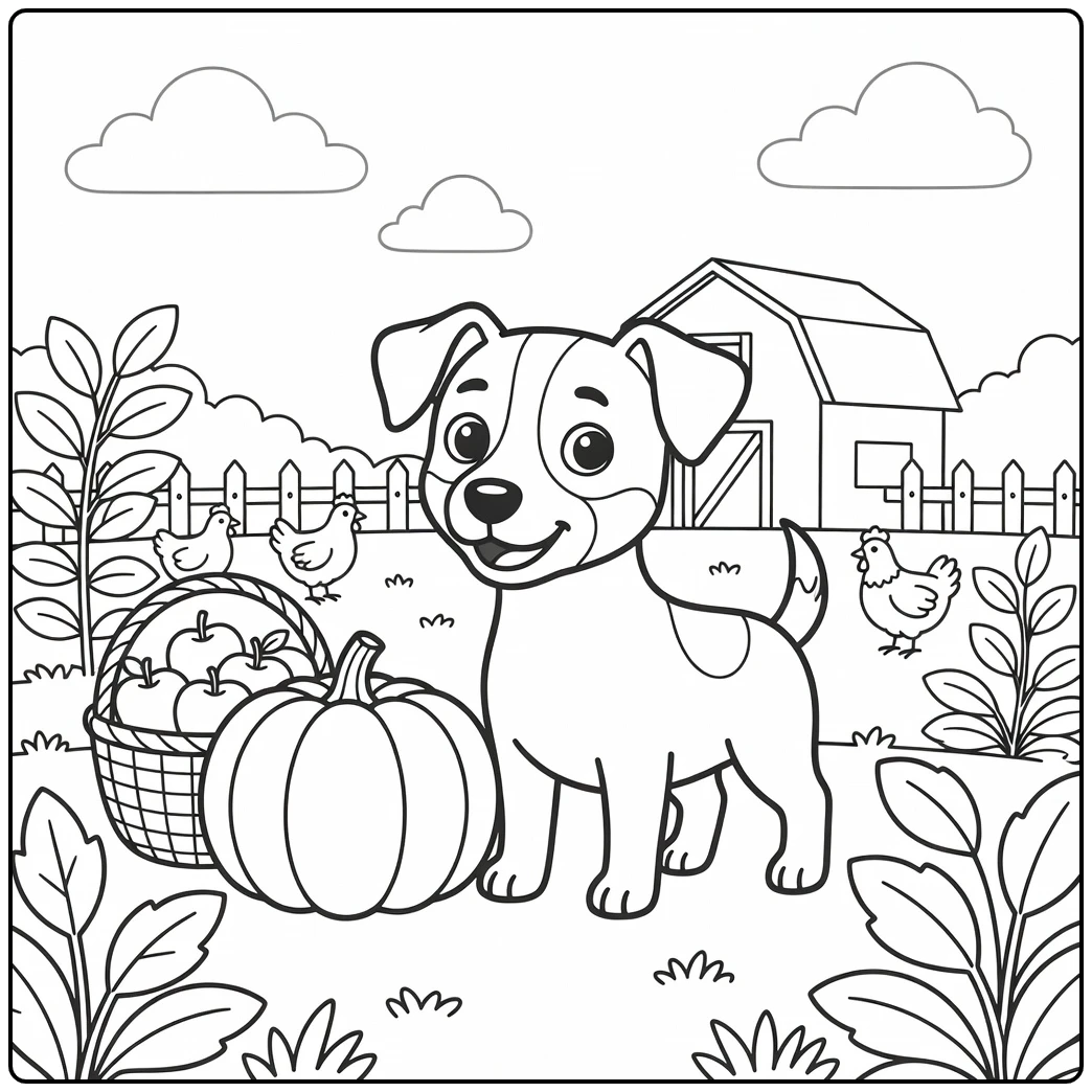 A Jack Russell on a farm, a perfect cute dog coloring page.