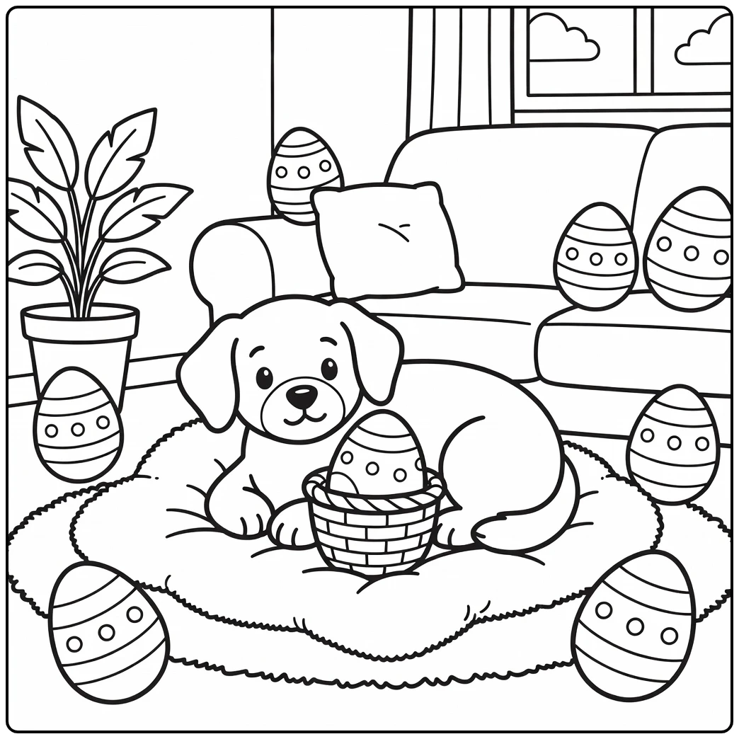A charming cute easter dog coloring page with a pup and basket.