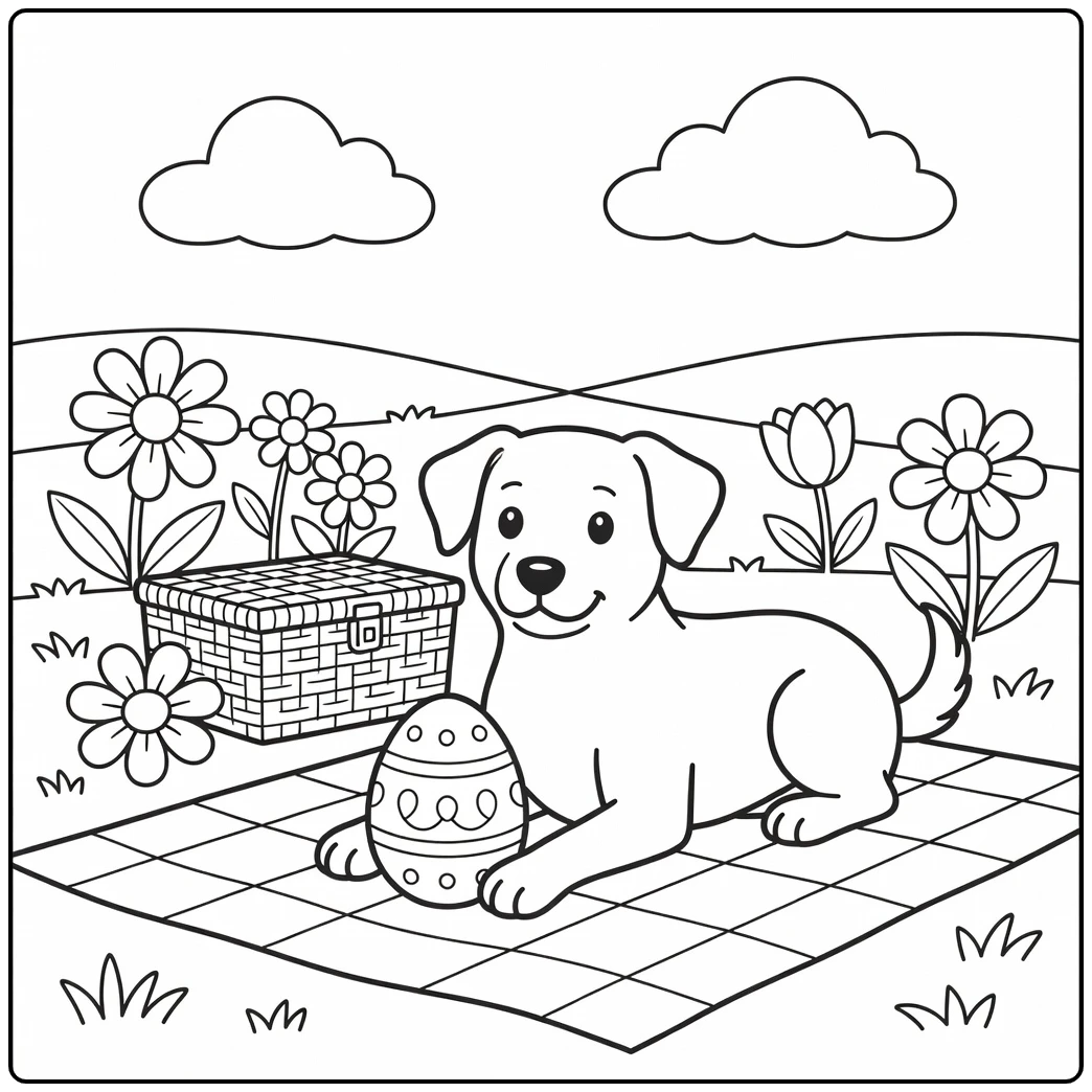A cute easter dog coloring page with a dog guarding an egg.