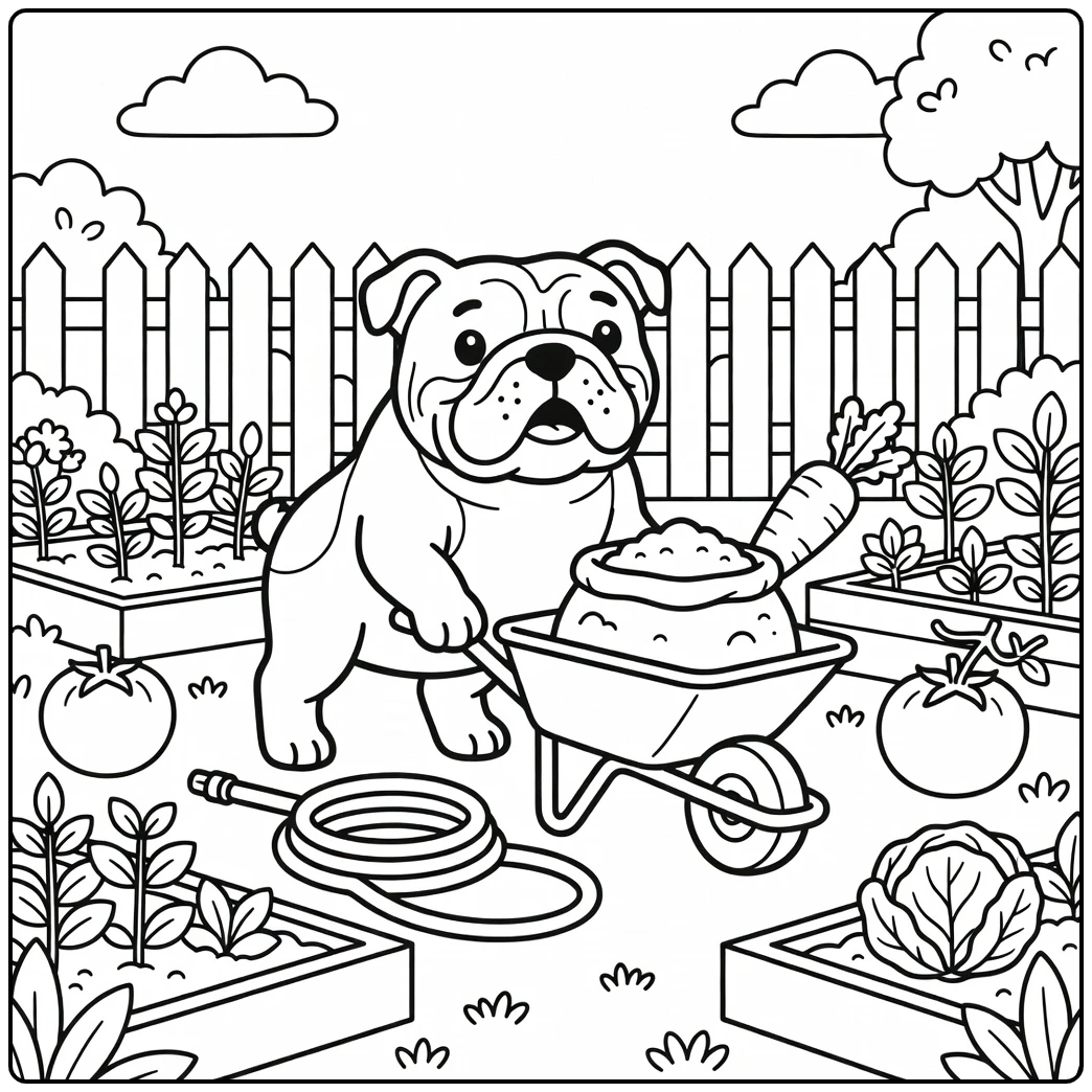 A cute gardener themed english bulldog coloring page with a wheelbarrow.