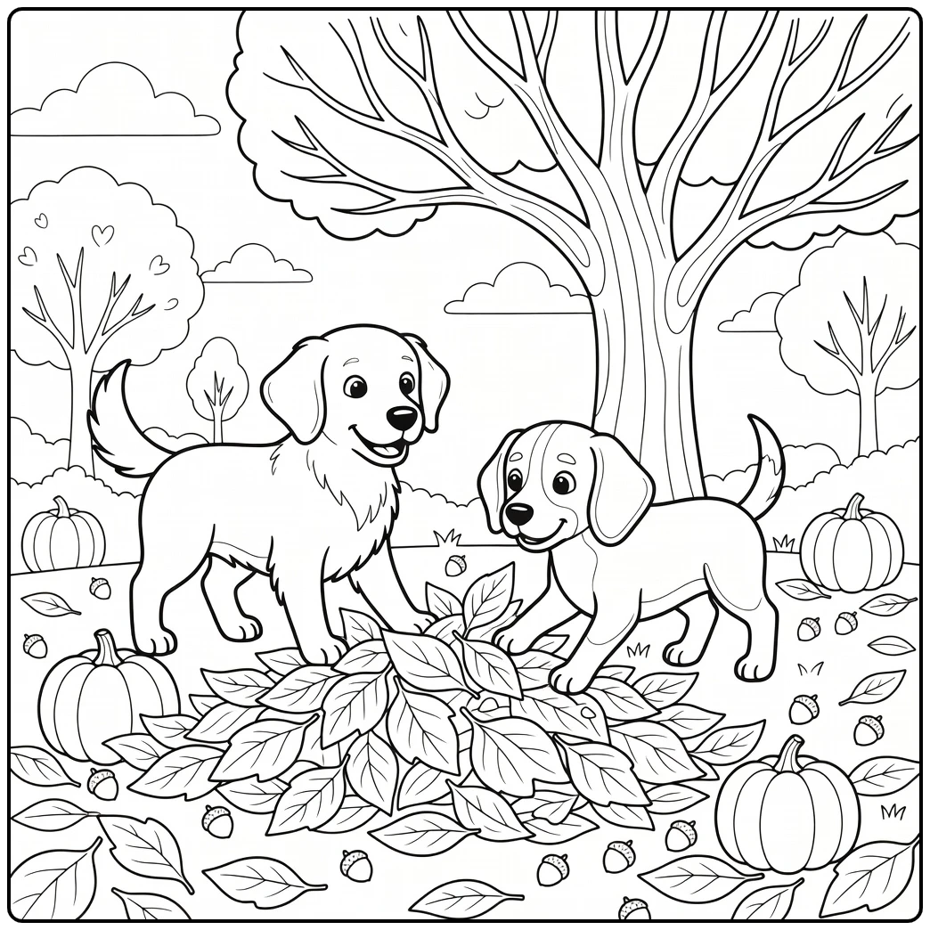 An easy dog coloring page of two friendly pups in autumn leaves.
