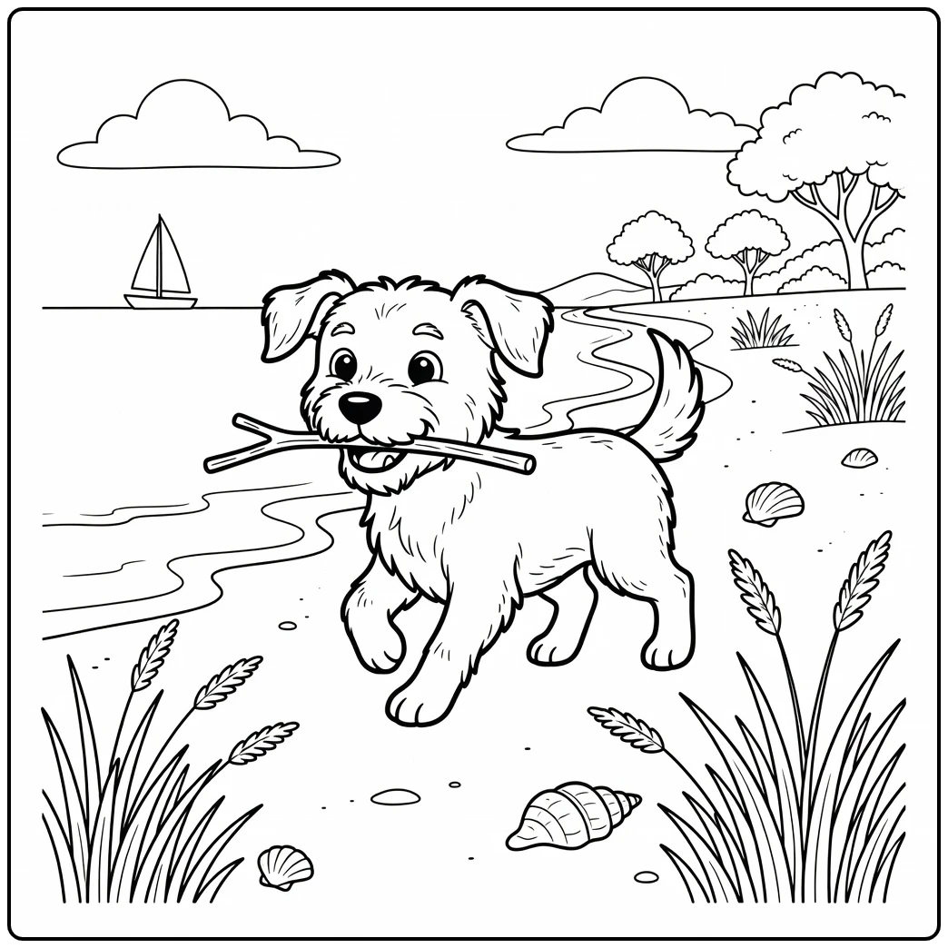 A happy dog with a stick on a beach easy dog coloring page.