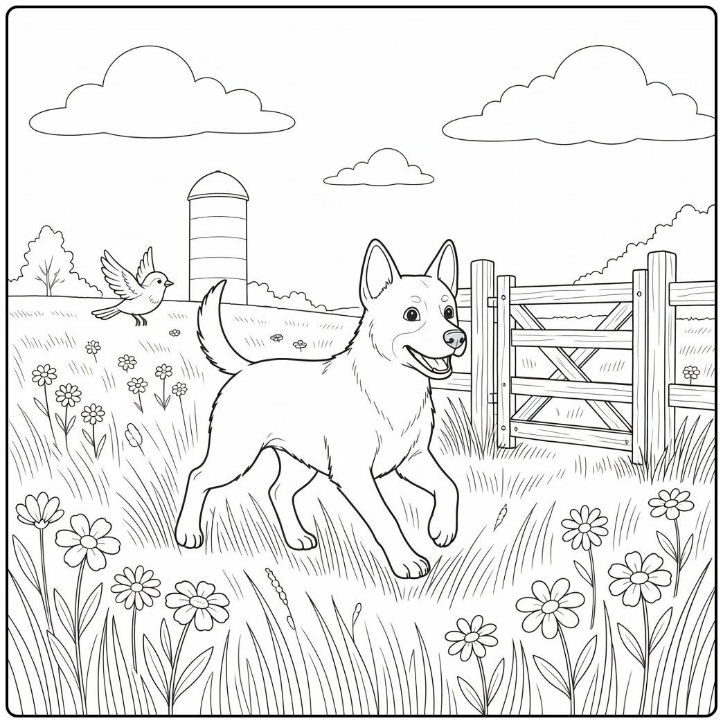 A happy dog running through a field on a kelpie coloring page.