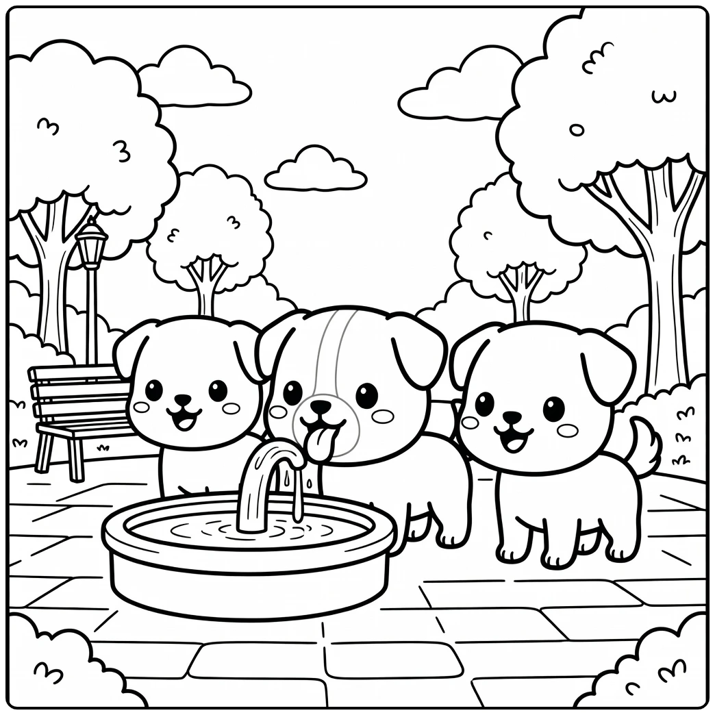 Three happy pups at a park fountain chibi dog coloring page.