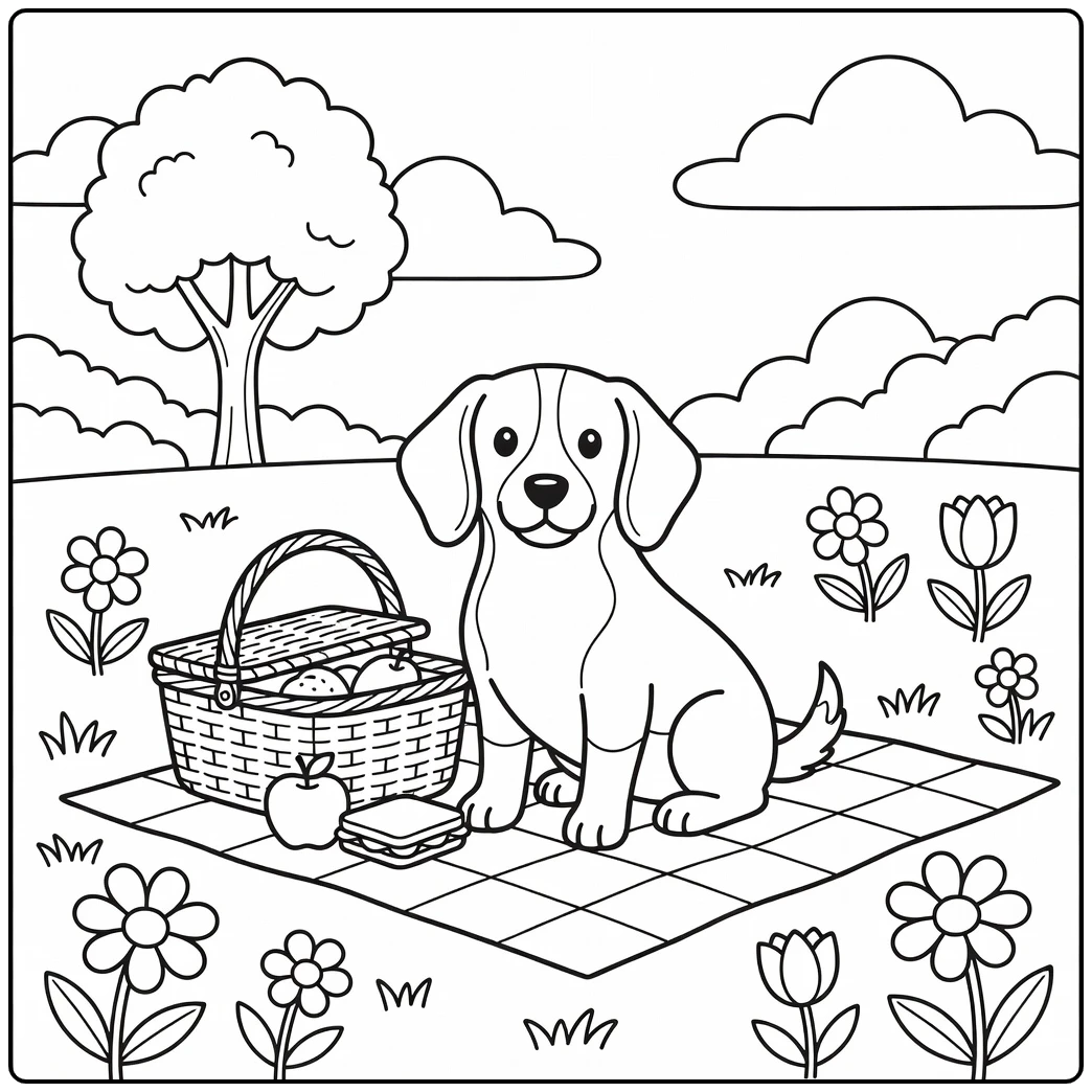 A cute puppy sitting next to a picnic basket, an easy dog coloring page.