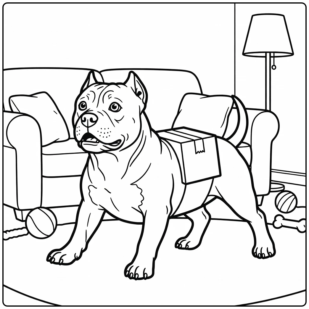 A silly dog stuck in a cardboard box, an american bully coloring page.
