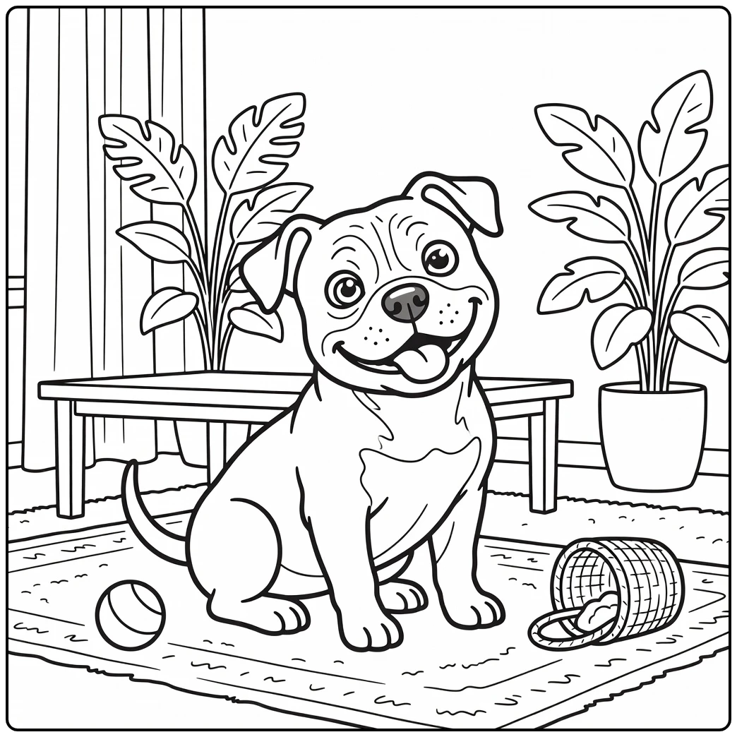 A dizzy dog with a lopsided grin american bully coloring page.