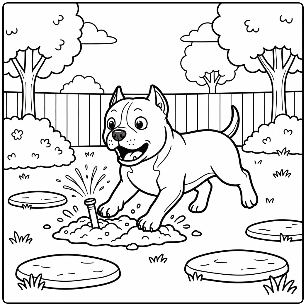 A startled dog jumps from a sprinkler on an american bully coloring page.