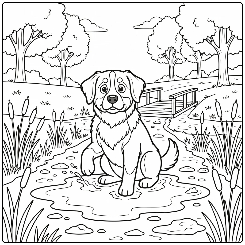 A guilty-looking bernese mountain dog coloring page with one muddy paw.