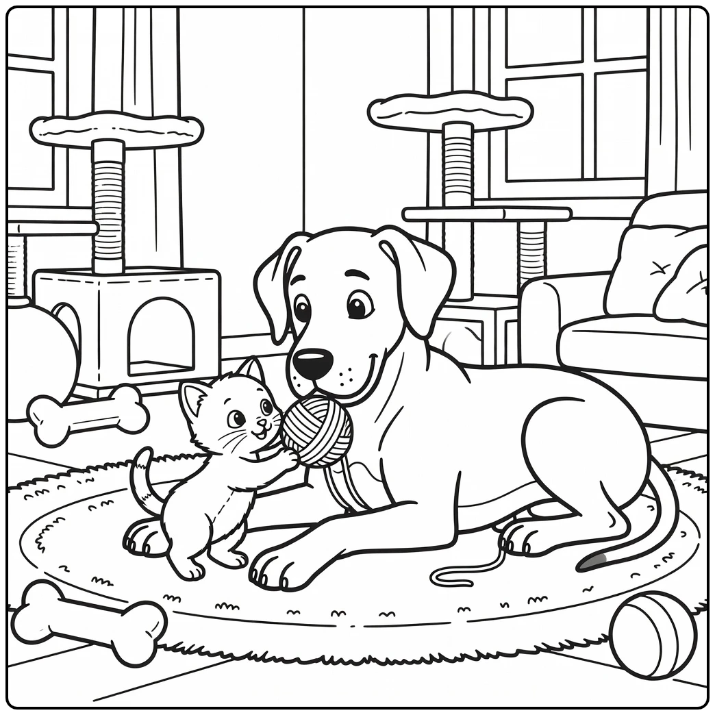 A Great Dane on a cute dog coloring page helping a tiny kitten.