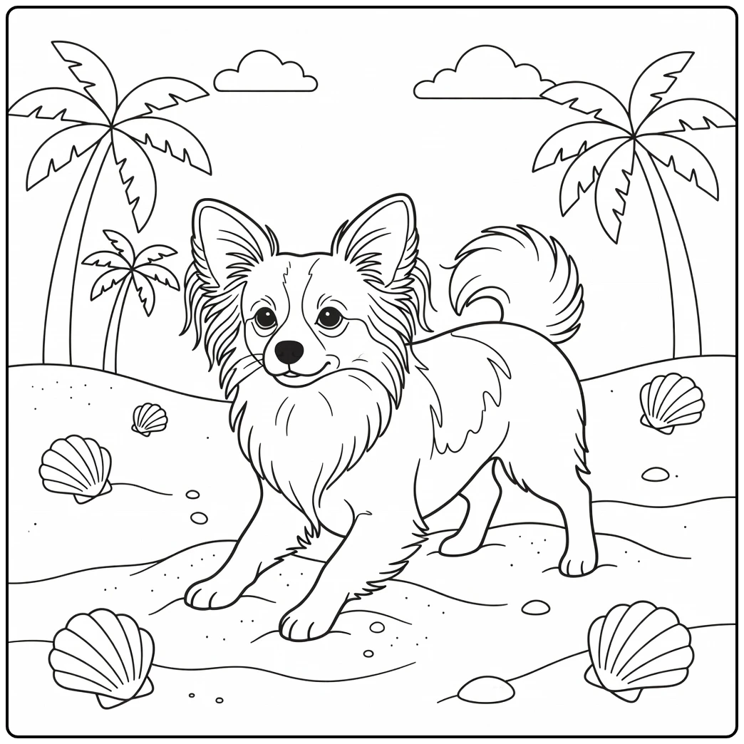 A playful dog digging in sand papillon coloring page.
