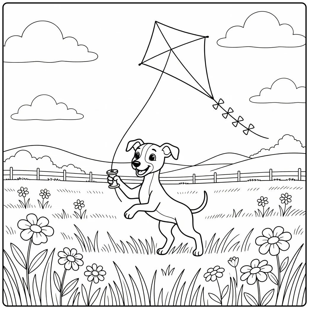 A Greyhound puppy flying a kite in a field cute dog coloring page.