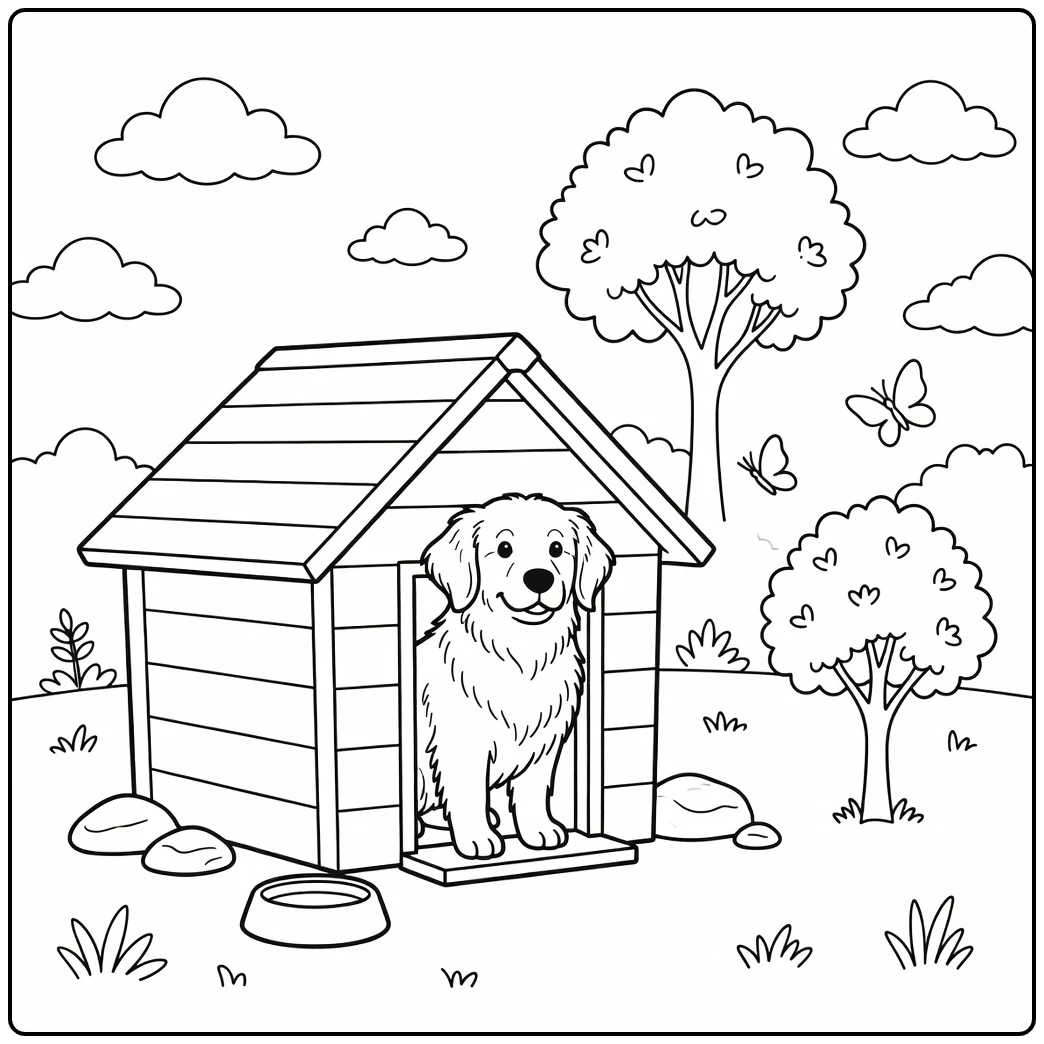 A fluffy puppy in its doghouse on an easy dog coloring page.