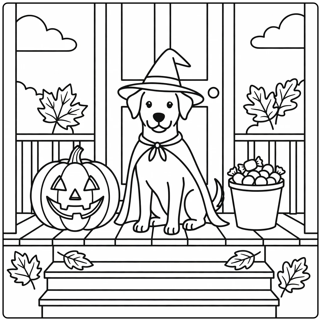 Friendly witch dog with jack-o'-lantern – halloween dog coloring page.