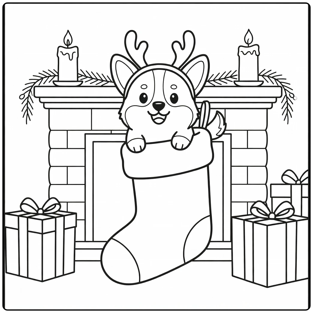Festive Corgi in stocking, a charming christmas dog coloring page.