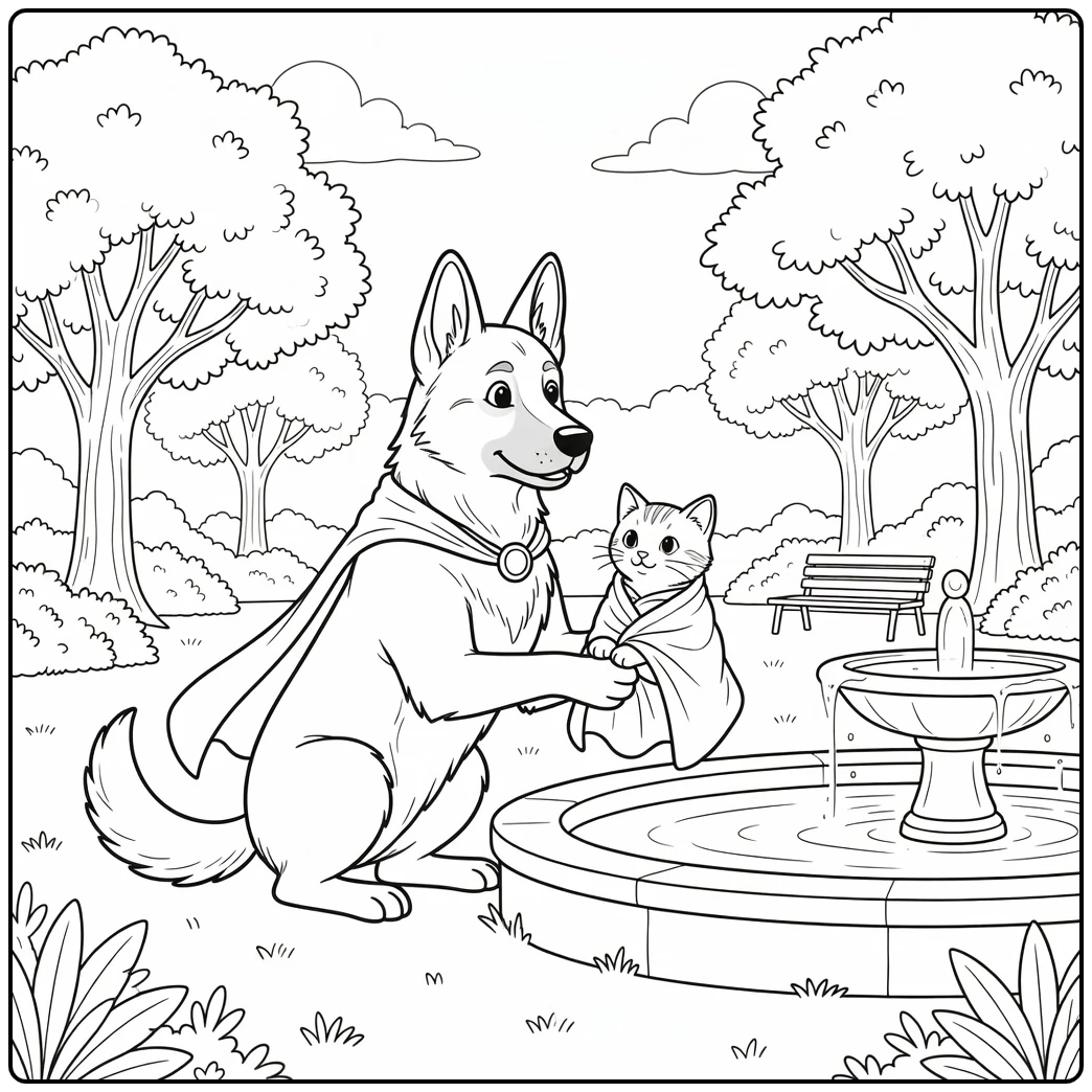 A heroic super dog coloring page showing a dog saving a kitten.