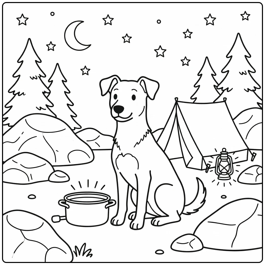An attentive dog at a night campsite on a kelpie coloring page.