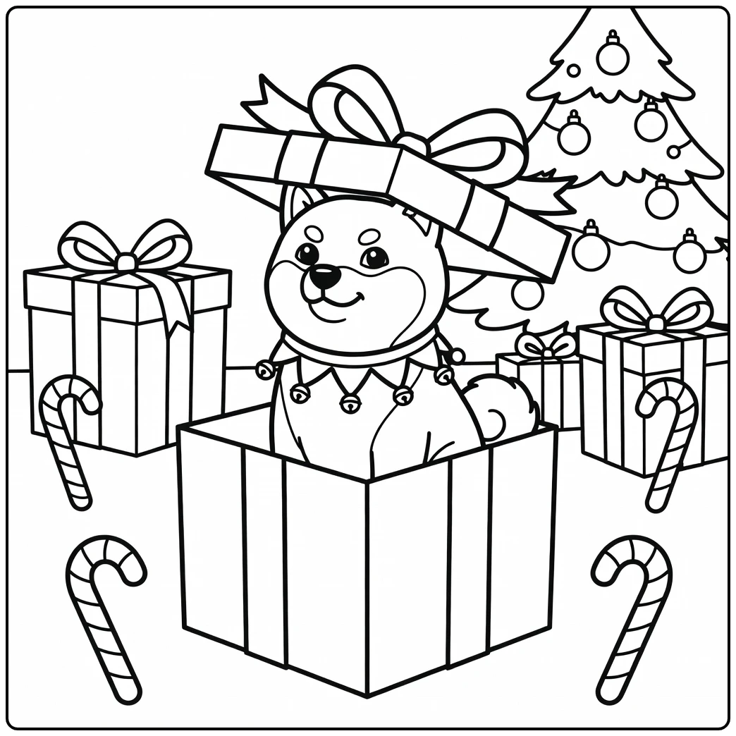 Cute Shiba Inu in gift box with lid on head, a christmas dog coloring page.