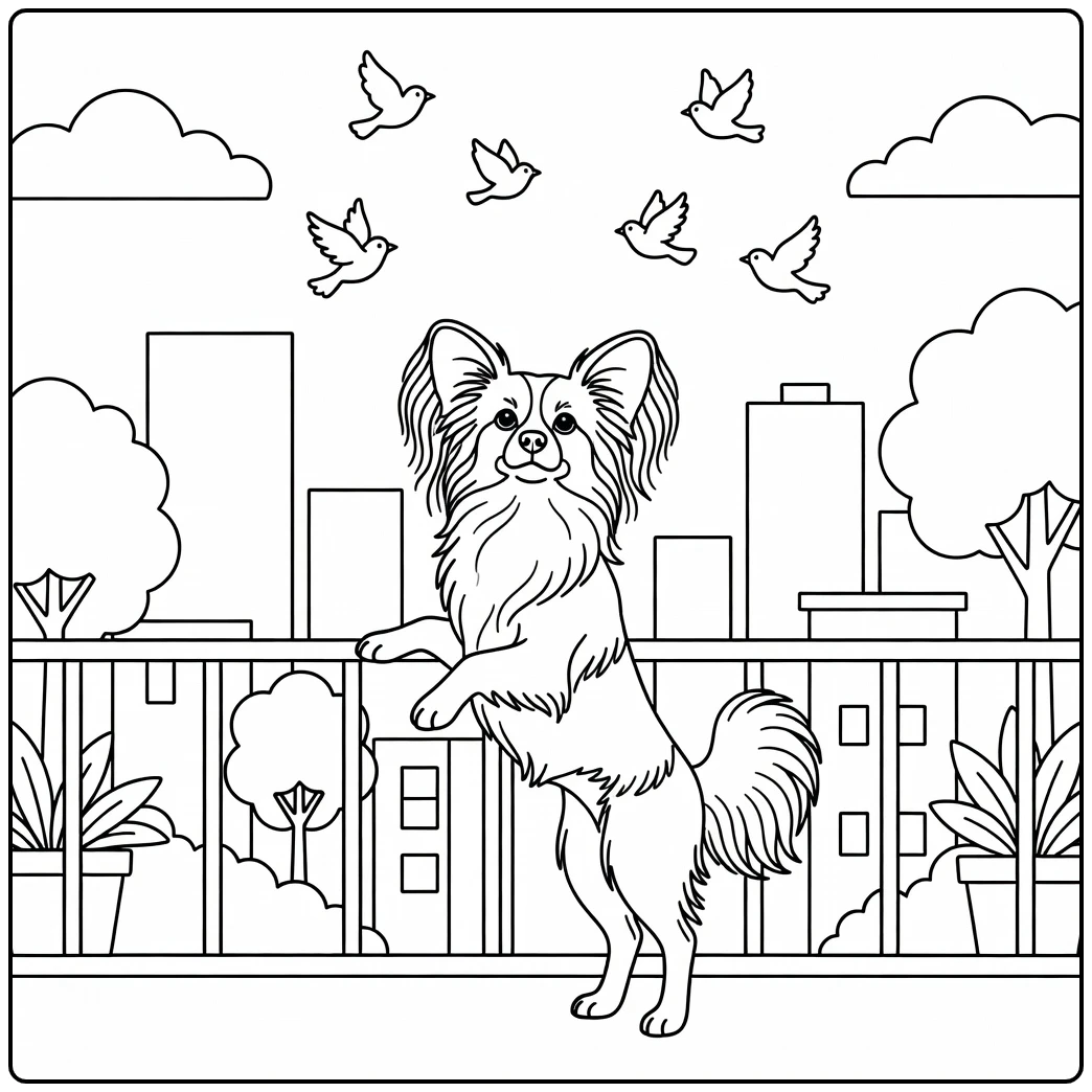 A cute Papillon watching birds from a balcony papillon coloring page.