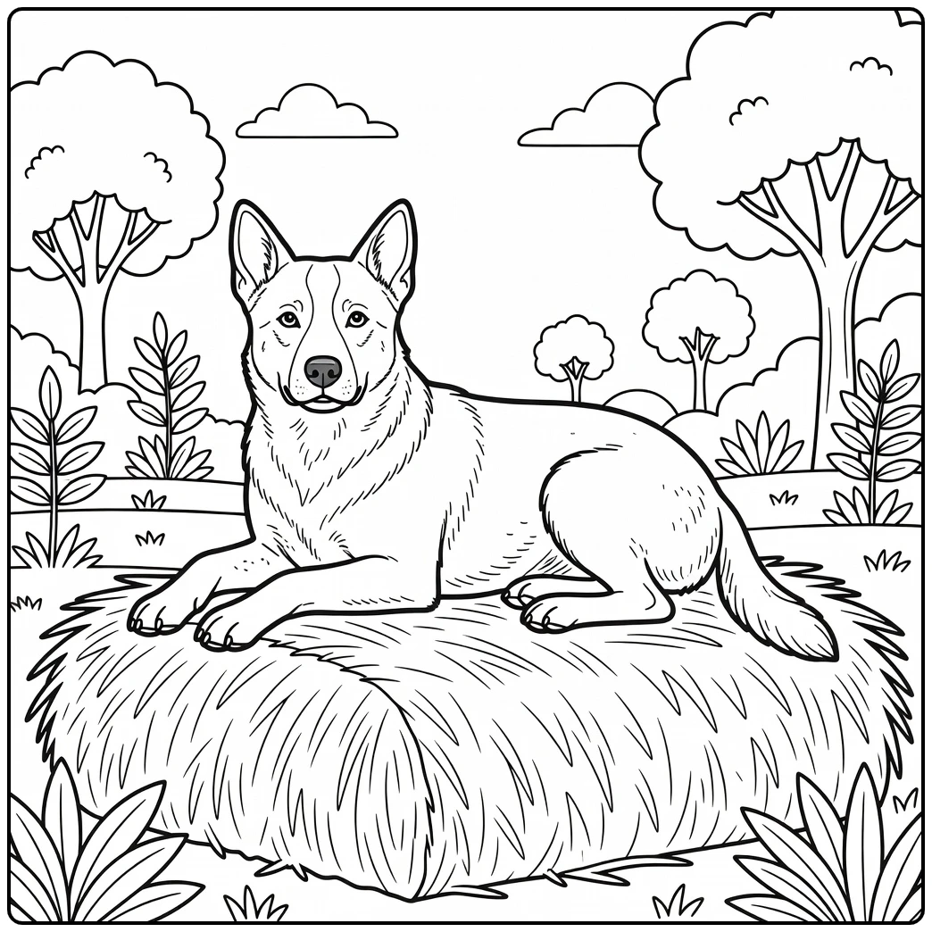 A resting farm dog on a hay bale australian cattle dog coloring page.