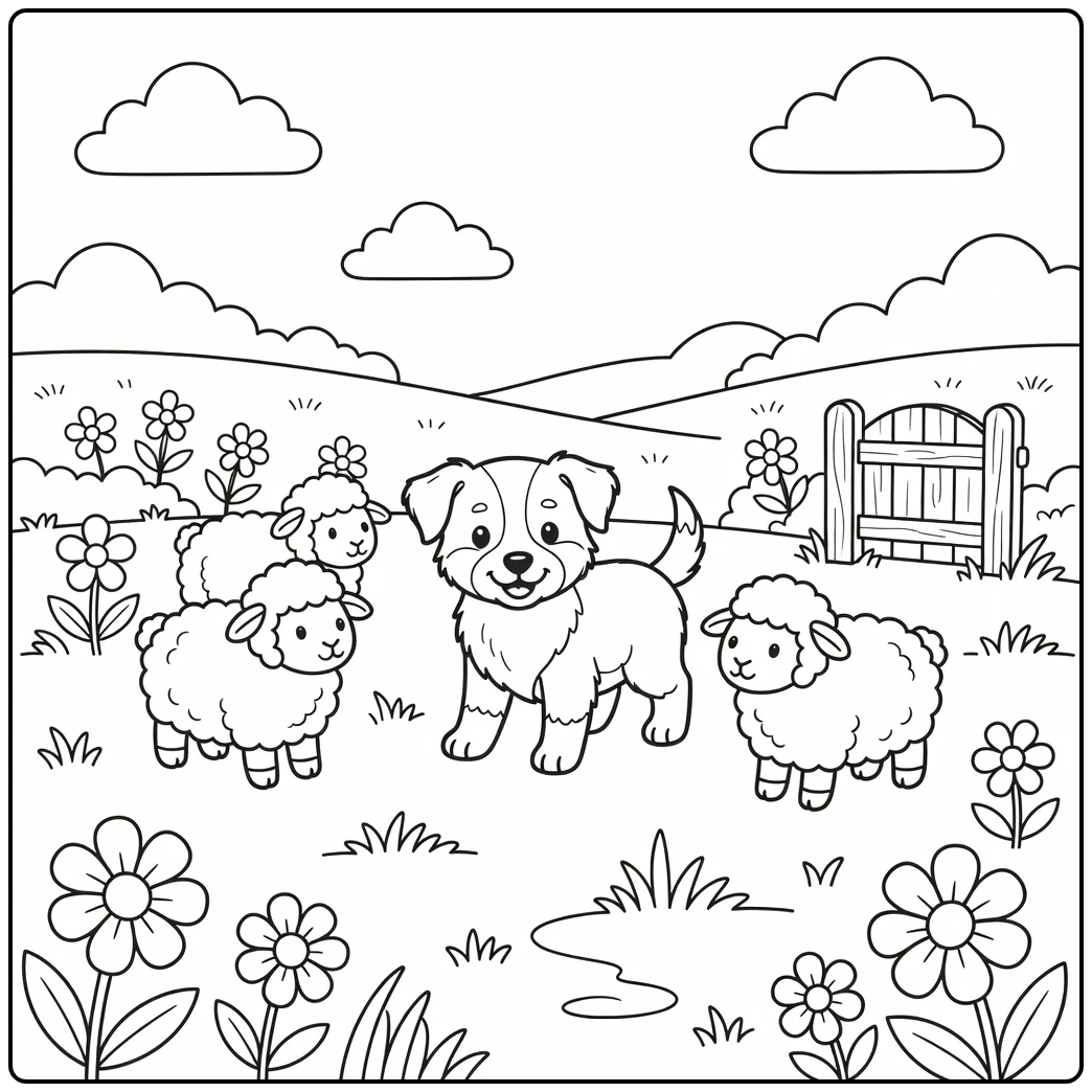 A Border Collie puppy herding plush sheep: a cute dog coloring page.