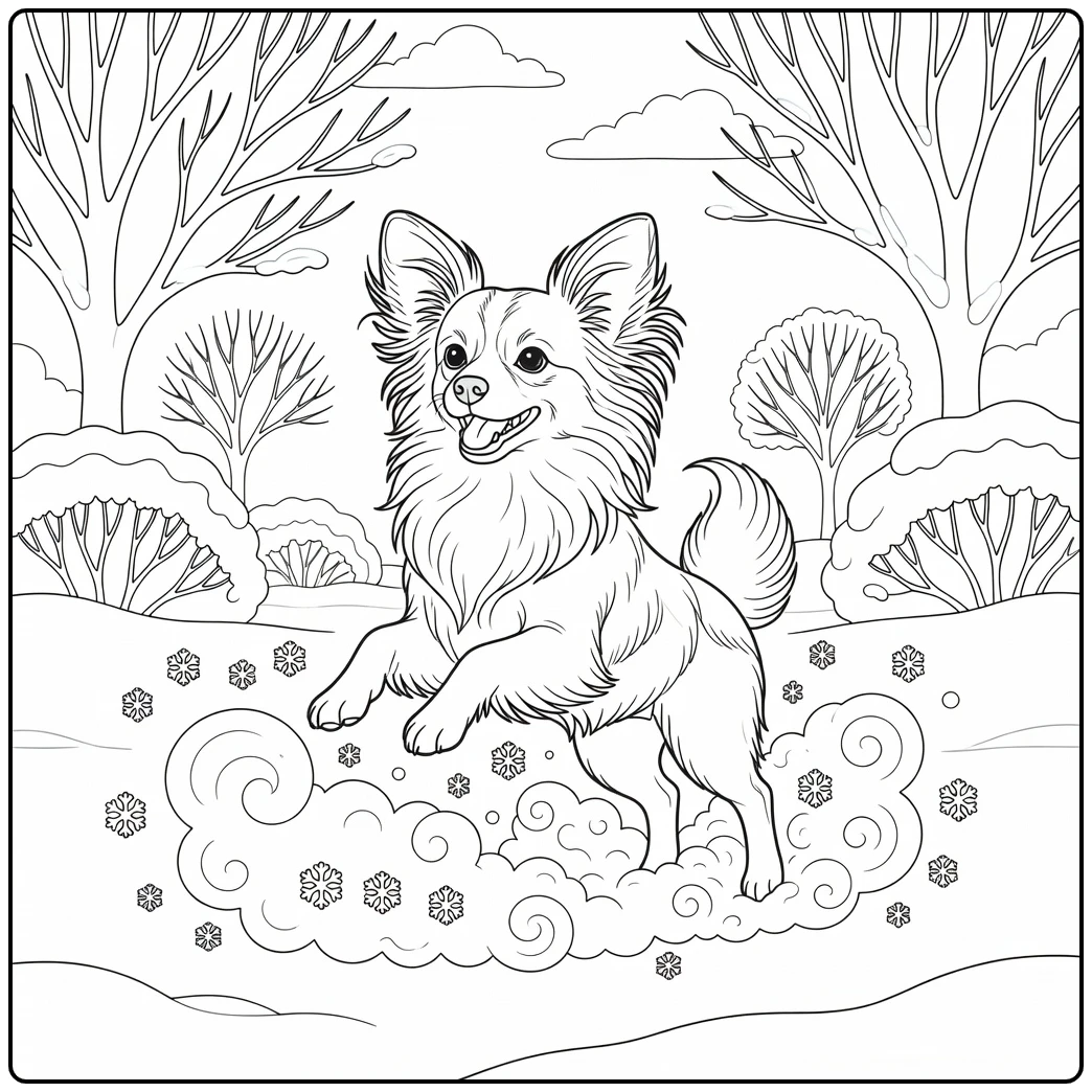 A joyful dog leaps in a snowy backyard papillon coloring page.