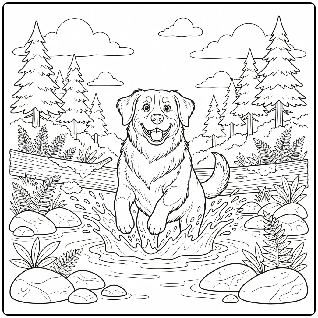 A happy dog splashing in a forest bernese mountain dog coloring page.