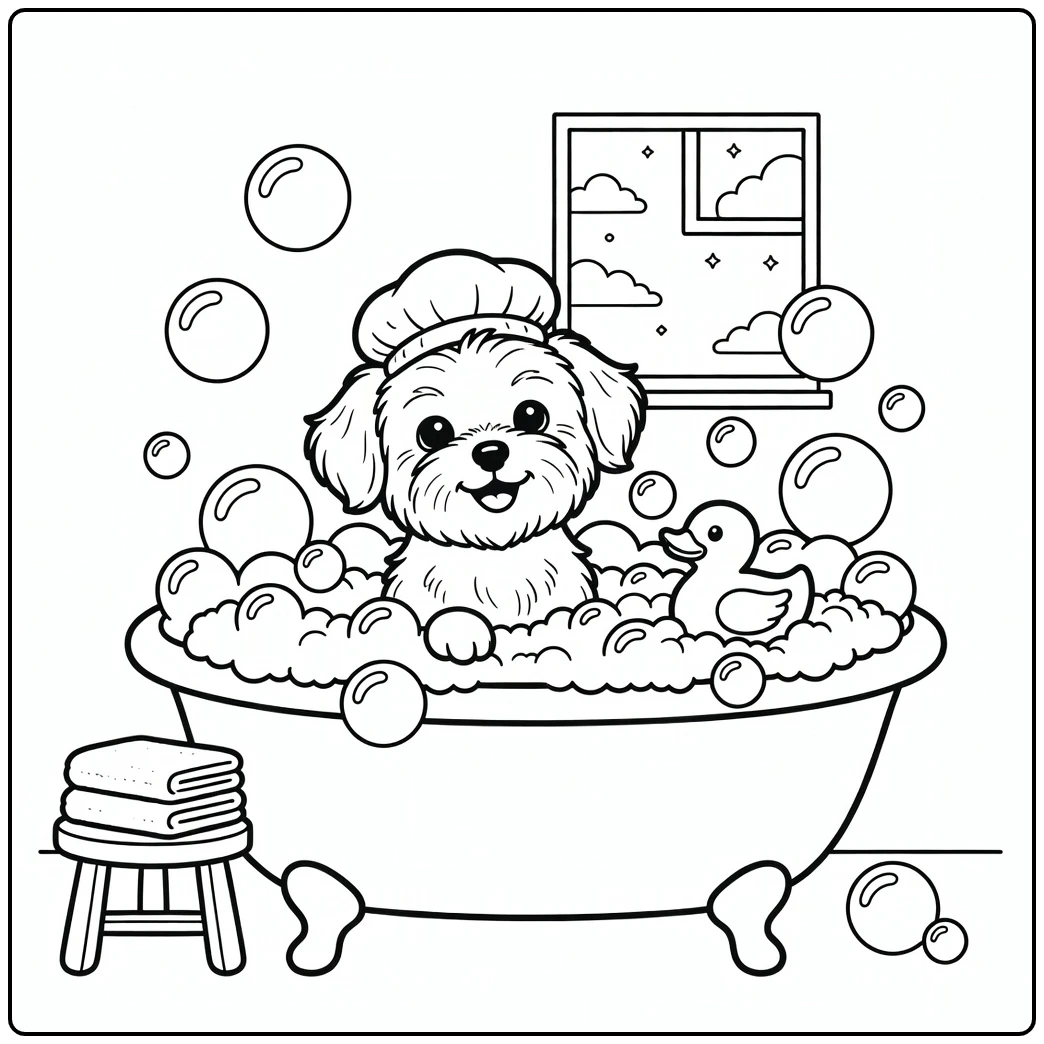 A happy Maltese cute dog coloring page in a bubble bath.