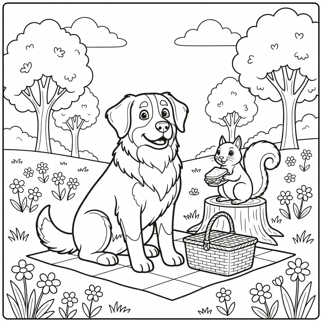 Funny bernese mountain dog coloring page with a sandwich thief.
