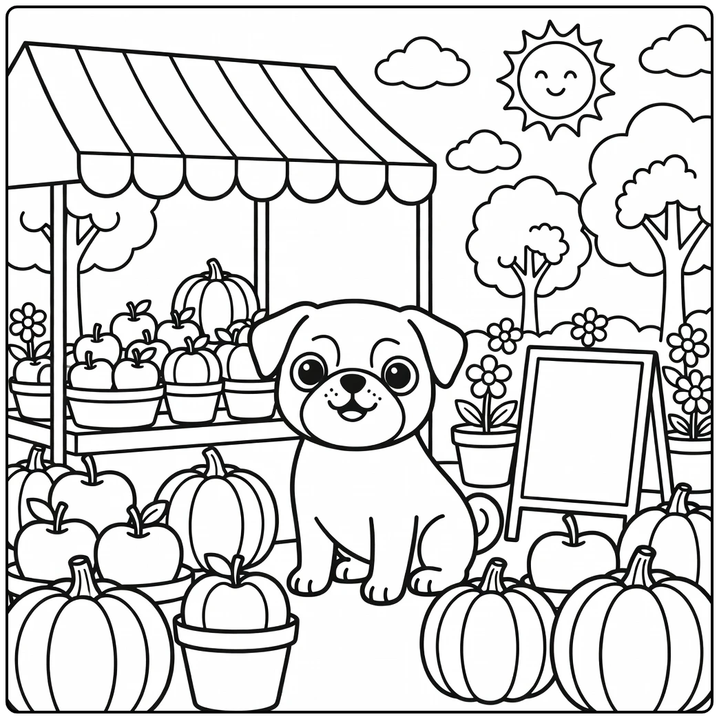 A curious Pug puppy at a sunny farmers market cute dog coloring page.