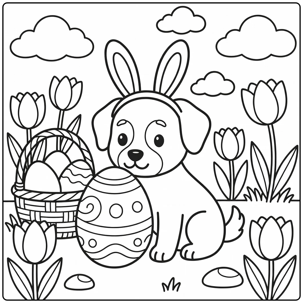 A dog in bunny ears sniffs an Easter egg; a cute easter dog coloring page.