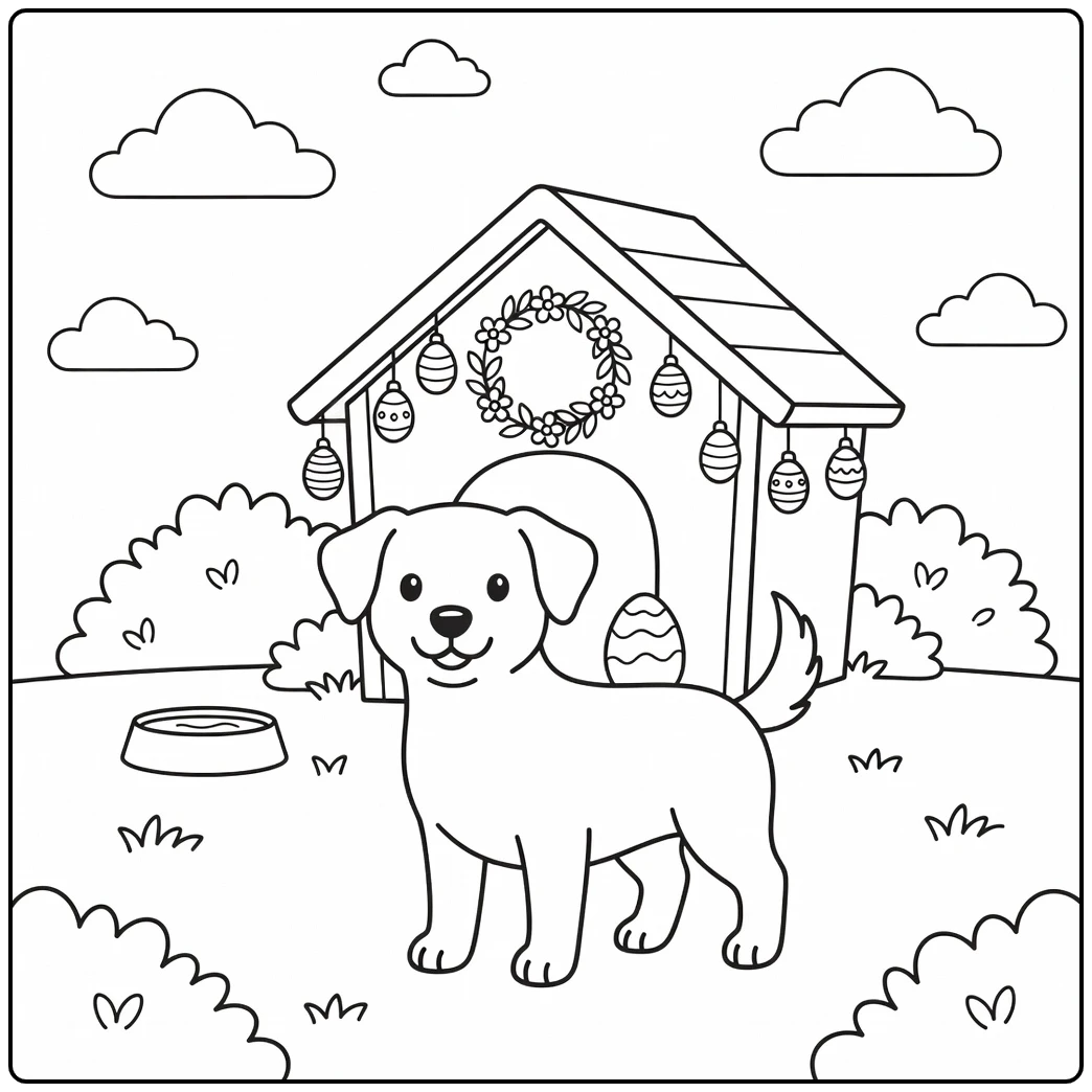 A happy dog guards a large egg on an easter dog coloring page.