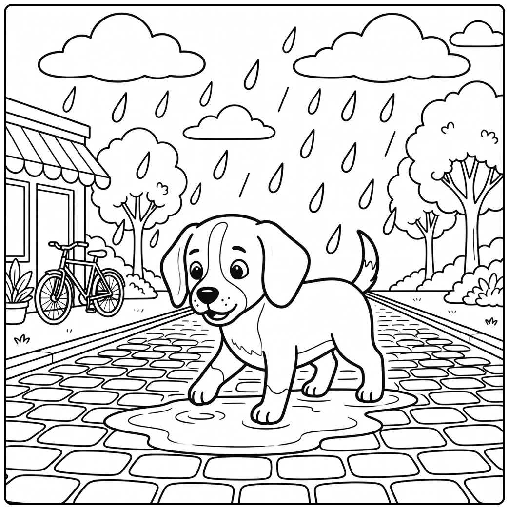 A dog on a cobblestone street, a fun easy dog coloring page.