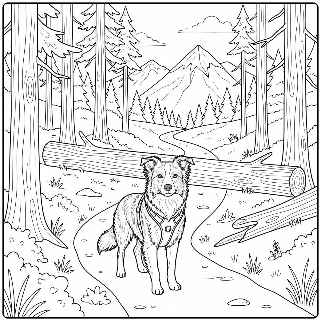 Forest hike with a realistic border collie coloring page, ready for adventure.