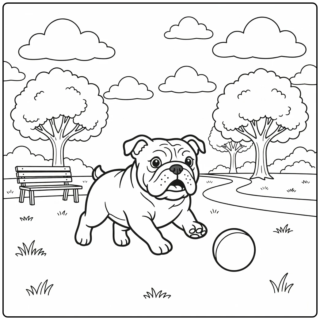 A joyful english bulldog coloring page with a dog chasing a ball.