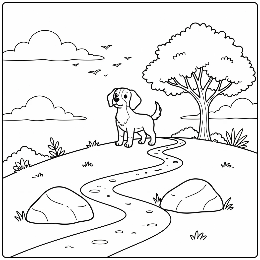 A cute and easy dog coloring page featuring a pup on a hill.